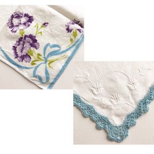 2 VTG Hanky Handkerchief Embroidered Flower Purple Carnation Blue Crochet Edge